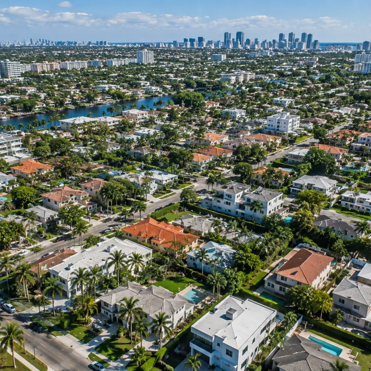 Aerial view of a suburban neighborhood with houses, palm trees, and city skyline in the distance