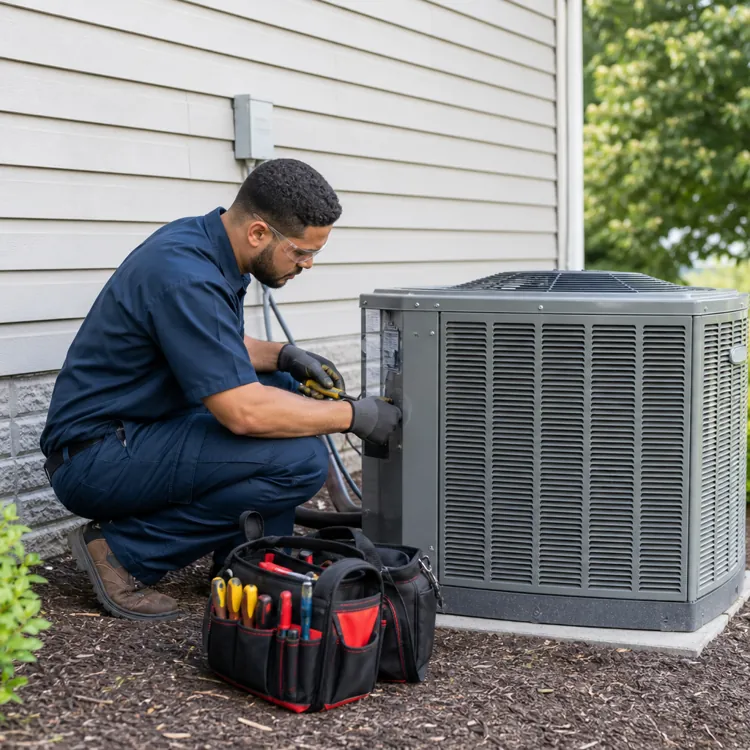 Technician repairing outdoor air conditioning unit beside house with tool bag on ground