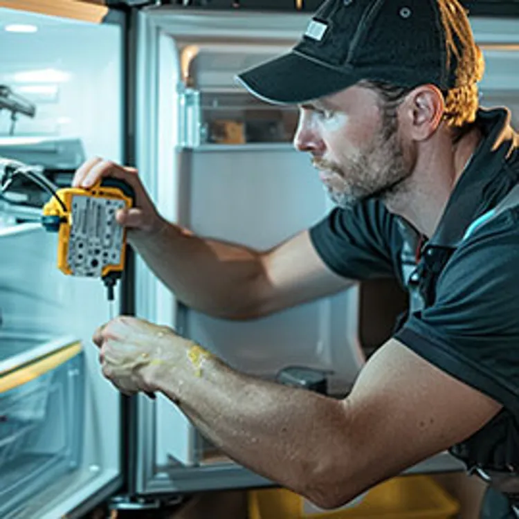 a technician fixing a fridge