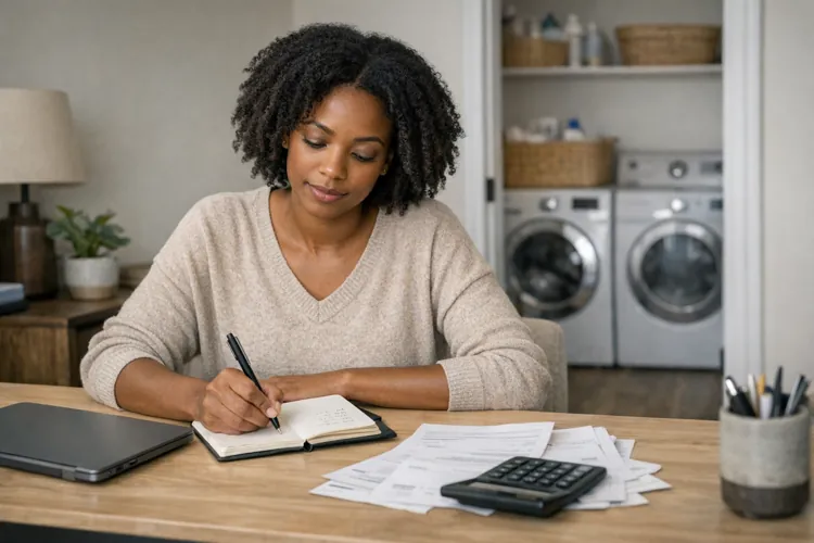 Woman writing in notebook at desk with papers and calculator in front of laundry machines