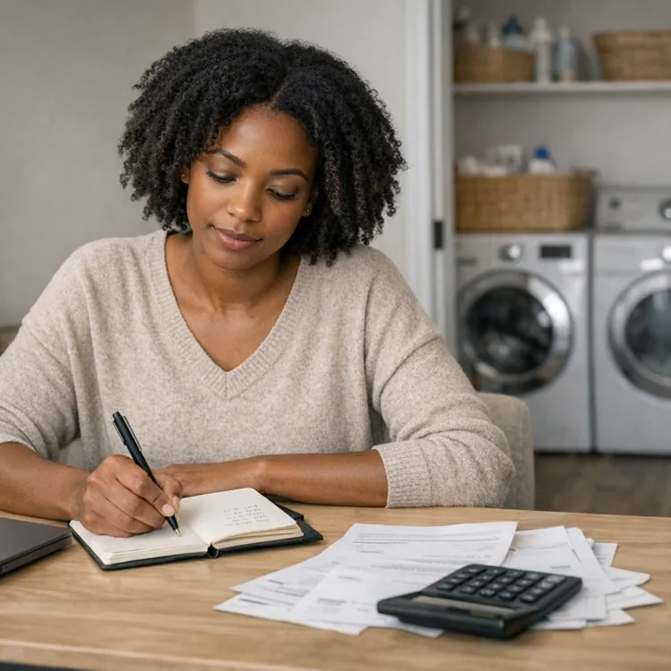 Woman writing in notebook at desk with papers and calculator in front of laundry machines