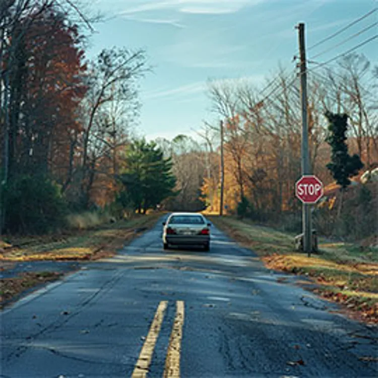 car in the middle of road with a stop sign