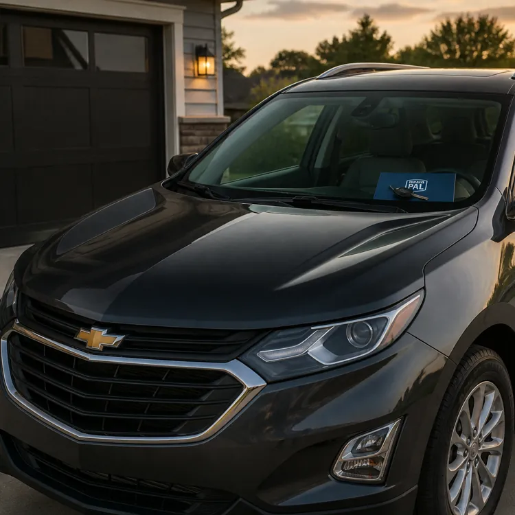 Black Chevrolet Equinox SUV parked on a driveway in front of a house at sunset