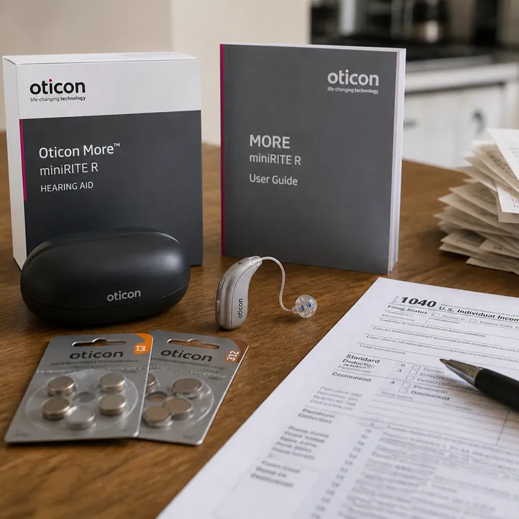Hearing aid, batteries, receipts, and IRS 1040 tax form on a wooden table in a kitchen setting