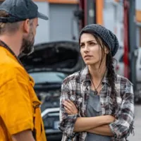 two people talking in a car repair shop with a car behind them with an open hood