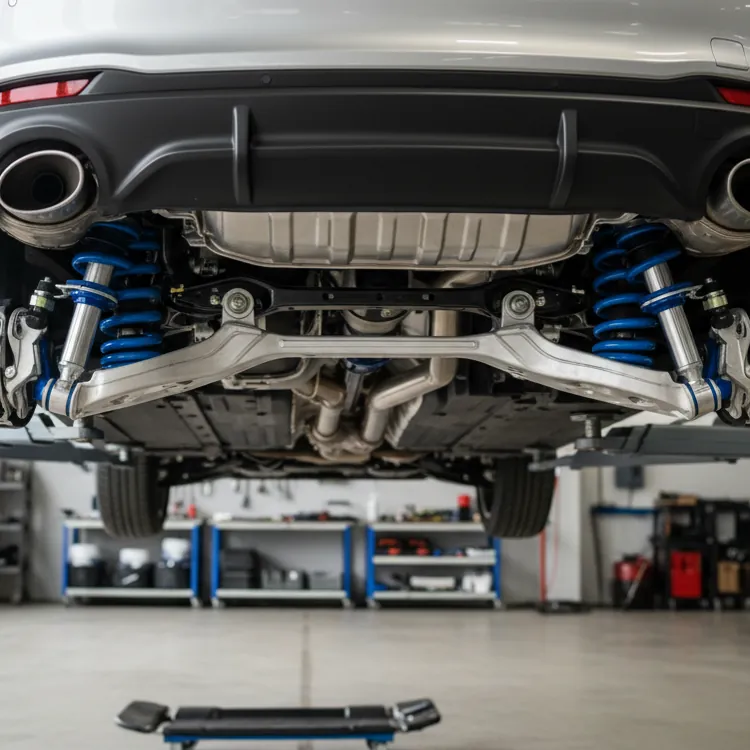 Rear view of a car lifted in a garage showing shocks and struts