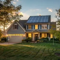 a house with an attached garage and solar panels on the roof