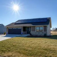a two-storey house with solar panels on the roof