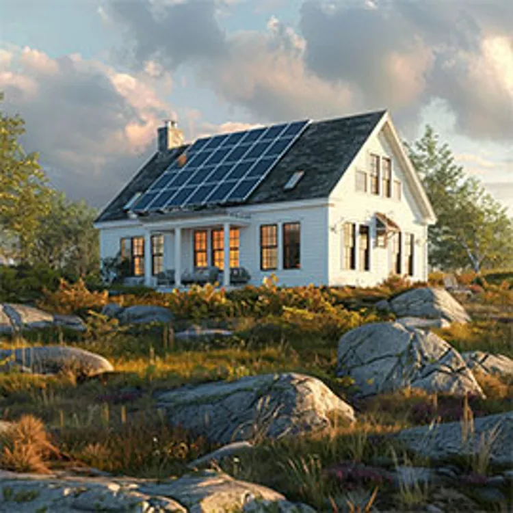 white house with blue roof and solar panels on the roof in maine