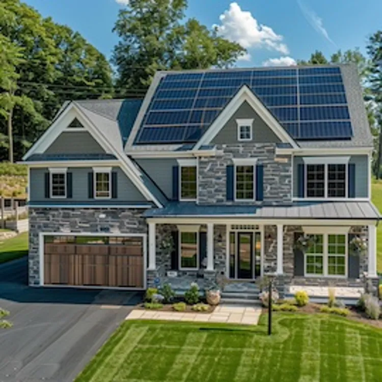 a brick house with solar panels on the roof