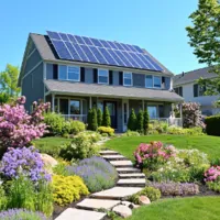 a two-storey house in Massachusetts with solar panels on the roof