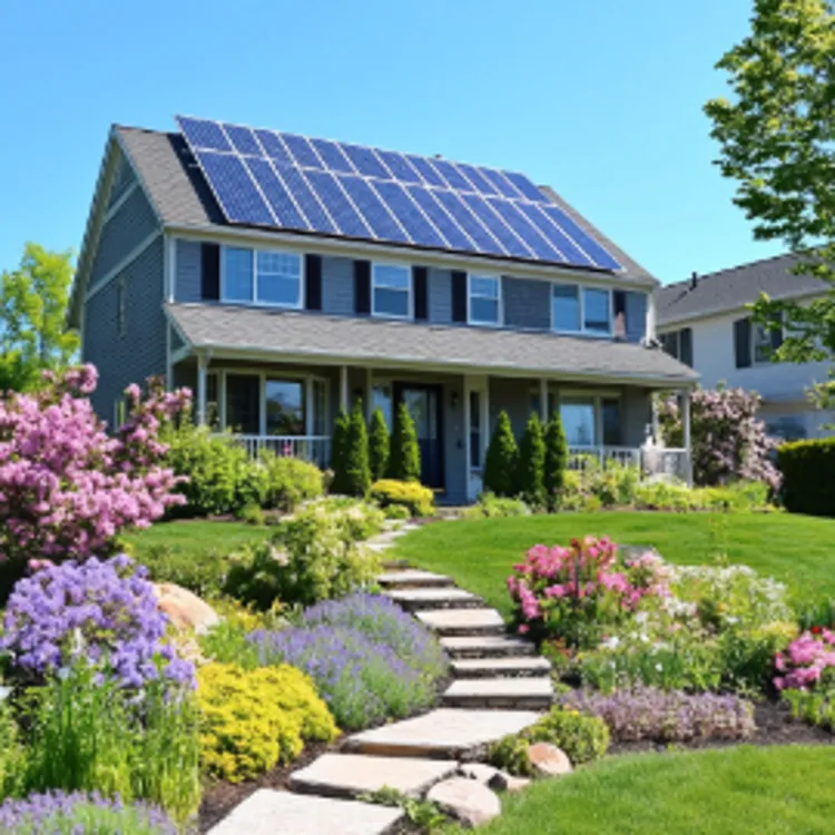 a two-storey house in Massachusetts with solar panels on the roof