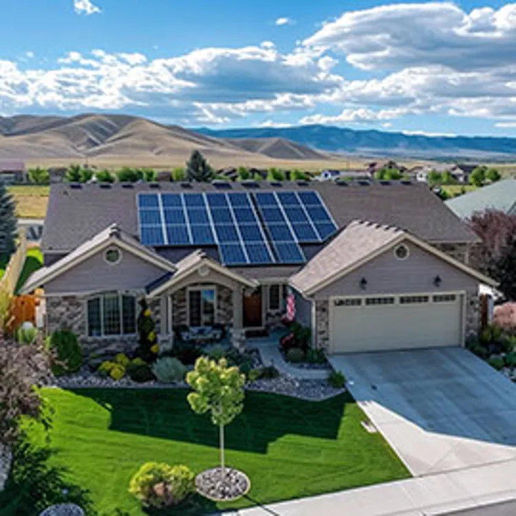aerial view of a house with solar panels on the roof