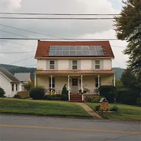 two story house with solar panels on the red roof