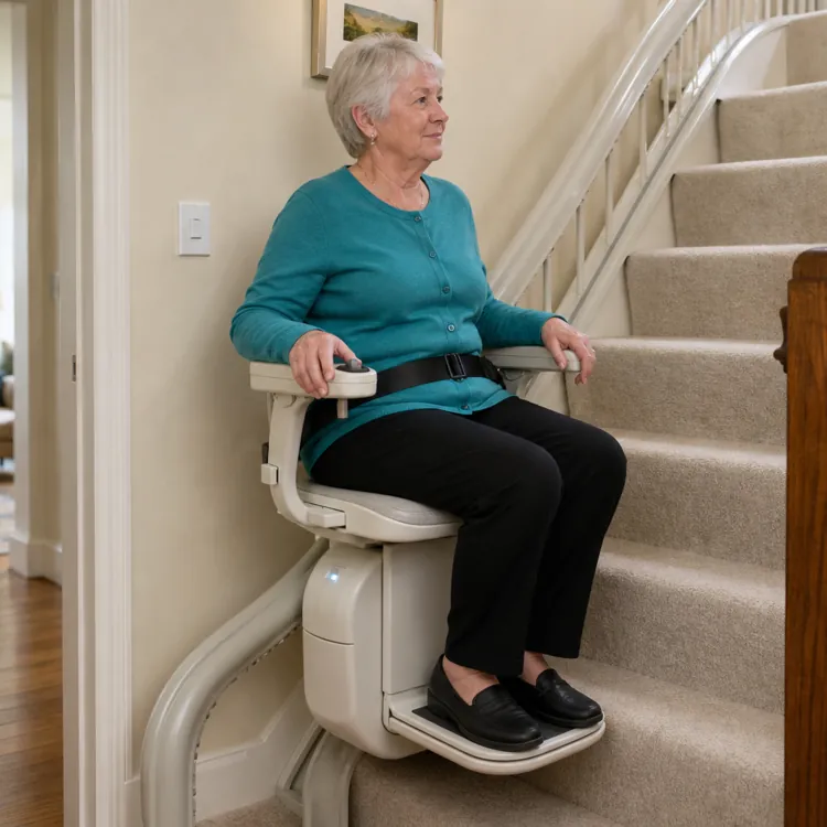 Older woman sitting on a stair lift at the bottom of a carpeted staircase in a home