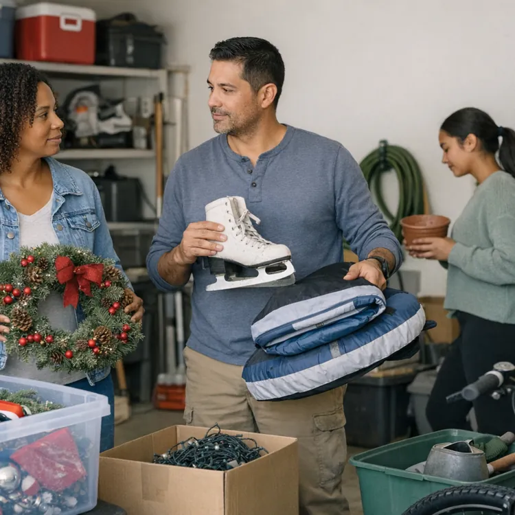 Three people in a garage organizing items, including a wreath and ice skates, with storage boxes and tools in the background.