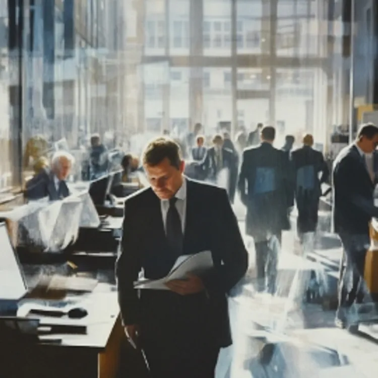 people with documents standing around inside an office building