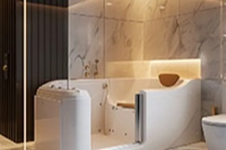 white walk-in tub in modern bathroom