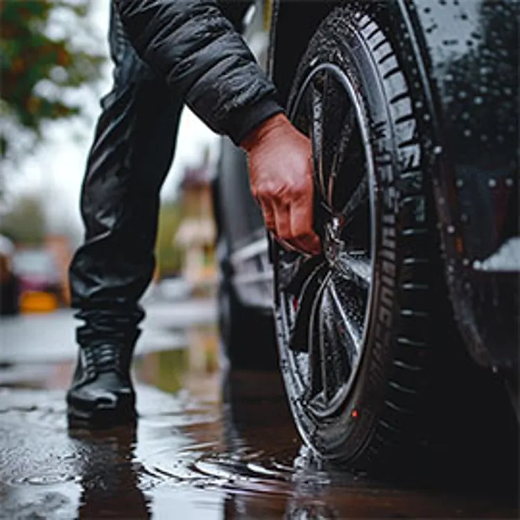 Hand checking the wheel of a car