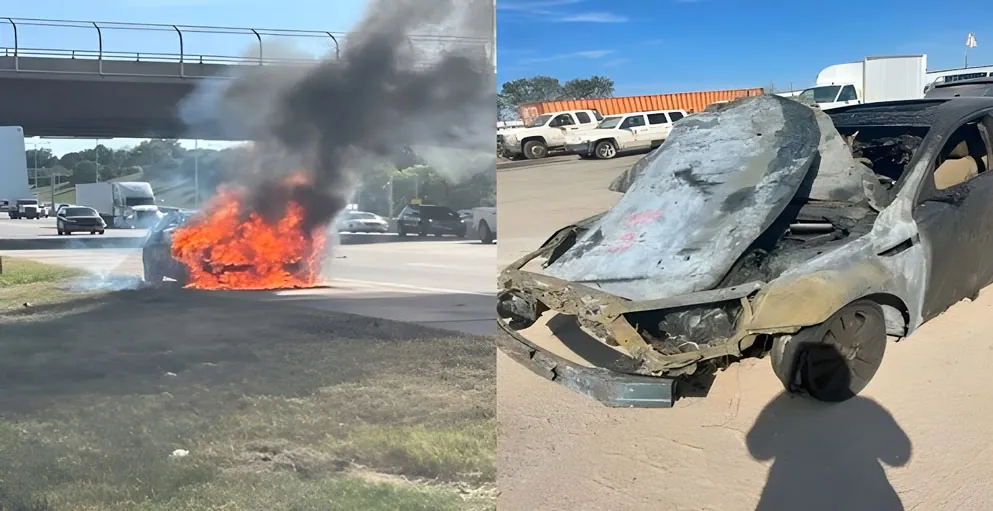 a car on the side of the road with its engine on fire