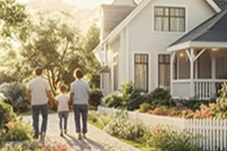 a middle class family in front of a house with white picket fence