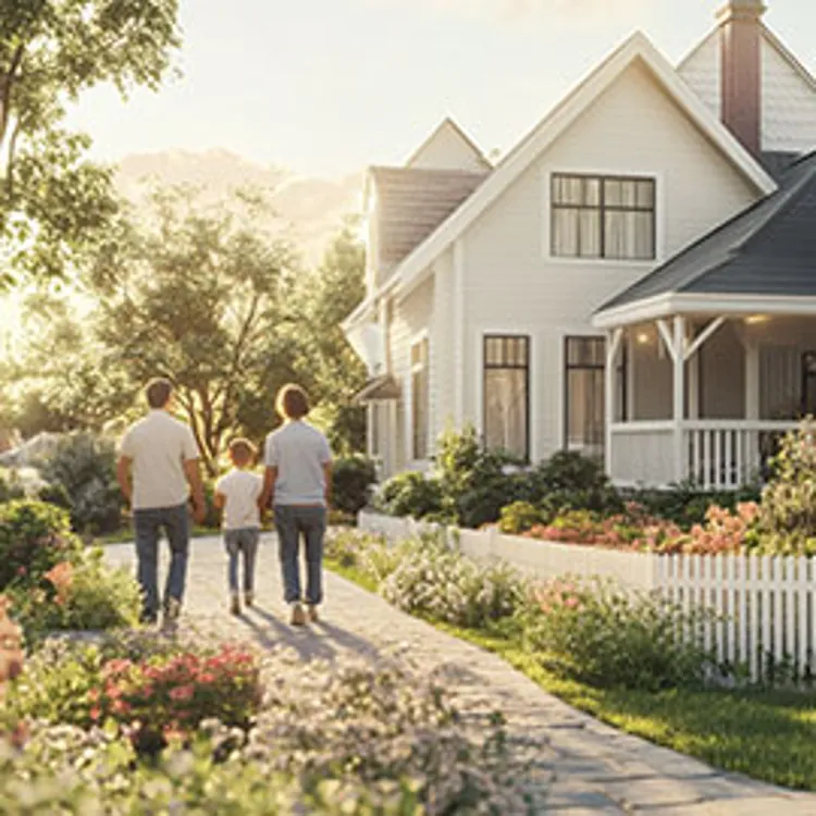 a middle class family in front of a house with white picket fence