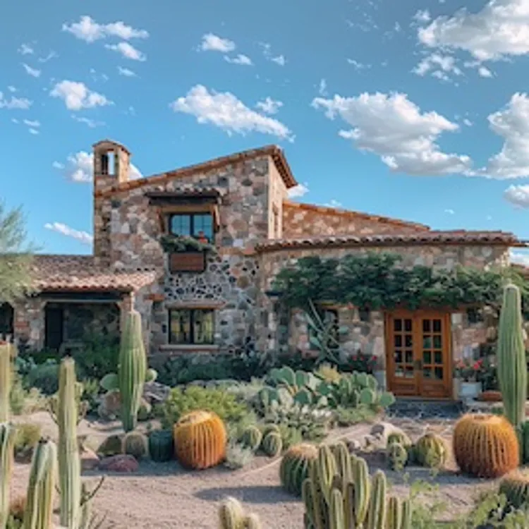 a house with cacti in the front yard