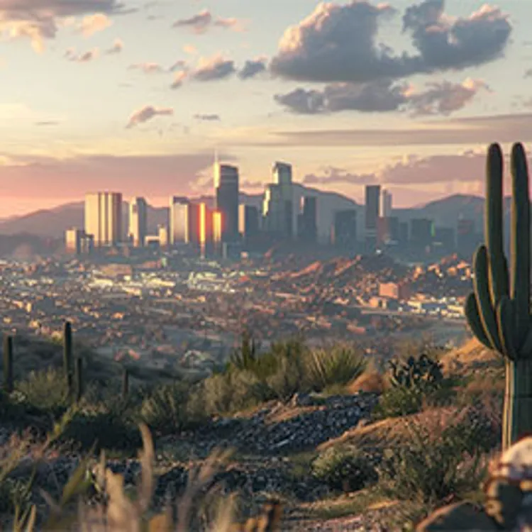 arizona desert landscape in the foreground with houses and buildings in the background