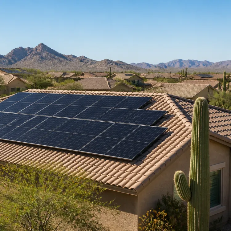 Solar panels installed on the roof of a house in a desert neighborhood with mountains in the background