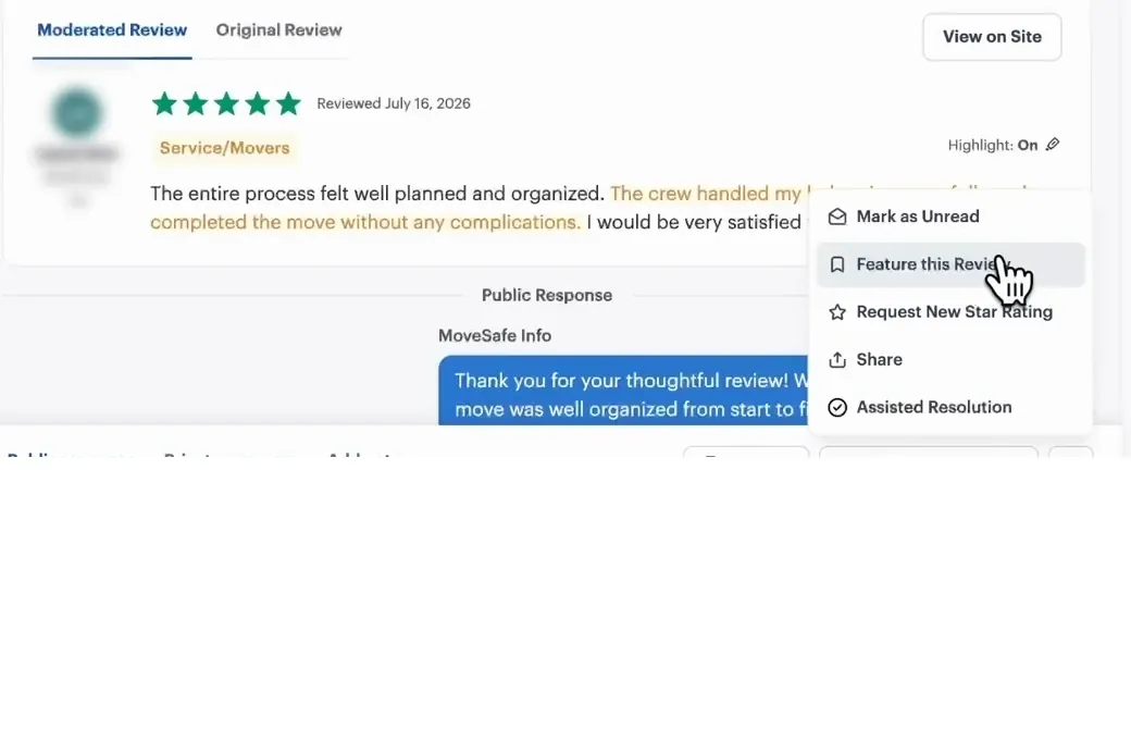 An open row menu on a review showing the options Mark as Unread, Feature this Review, Request New Star Rating, Share and Assisted Resolution.