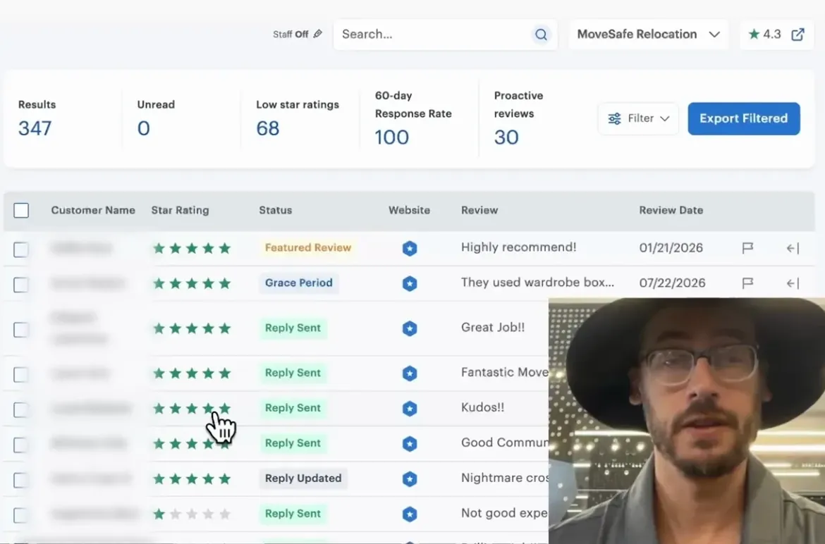 Video poster: the Aspect Review Inbox during the walkthrough, showing 347 results, 68 low star ratings and a 100 percent 60-day response rate above a table of reviews, with the presenter on camera at the lower right.