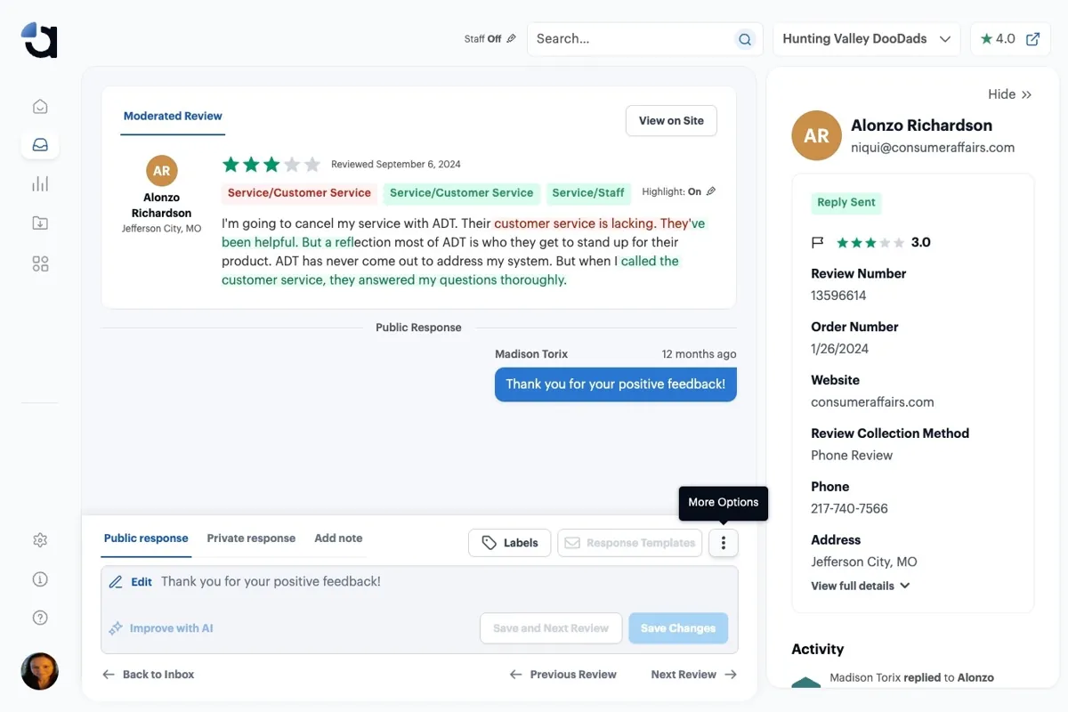 An open review in Aspect, with the More Options icon next to Response Templates