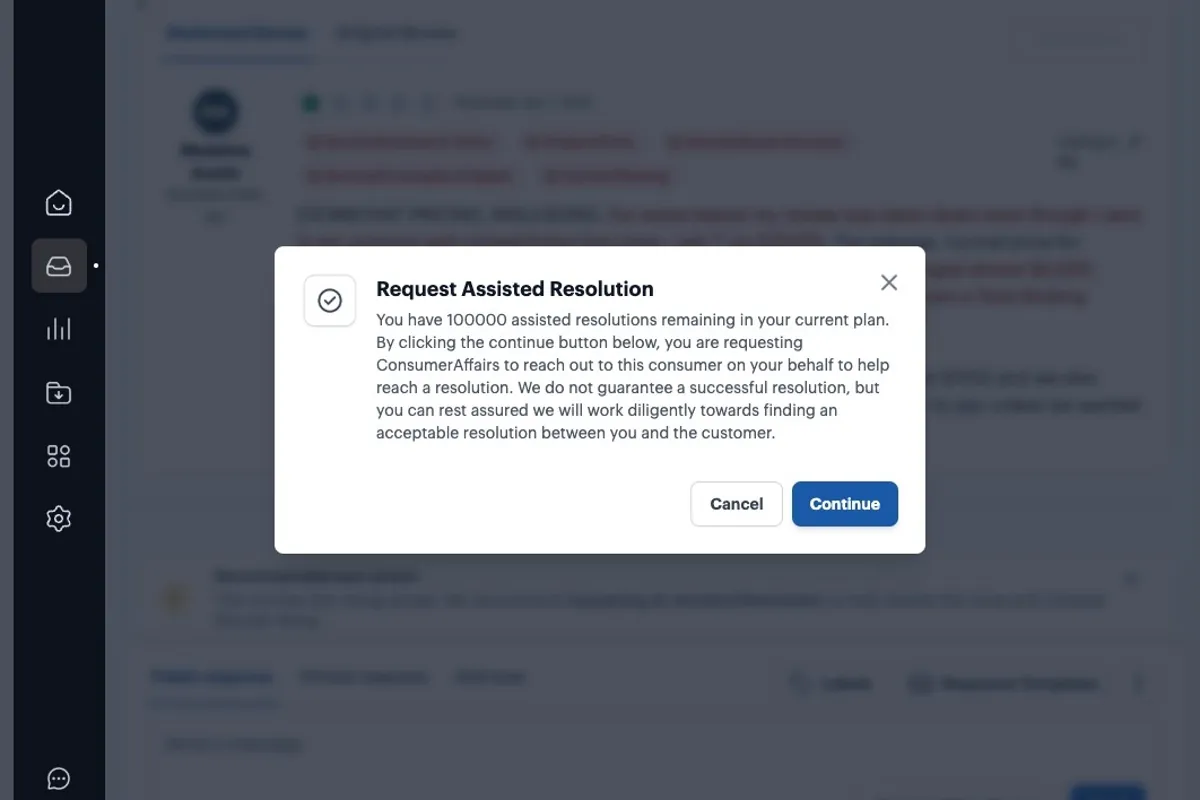 The Request Assisted Resolution dialog explaining the request, with Cancel and Continue buttons
