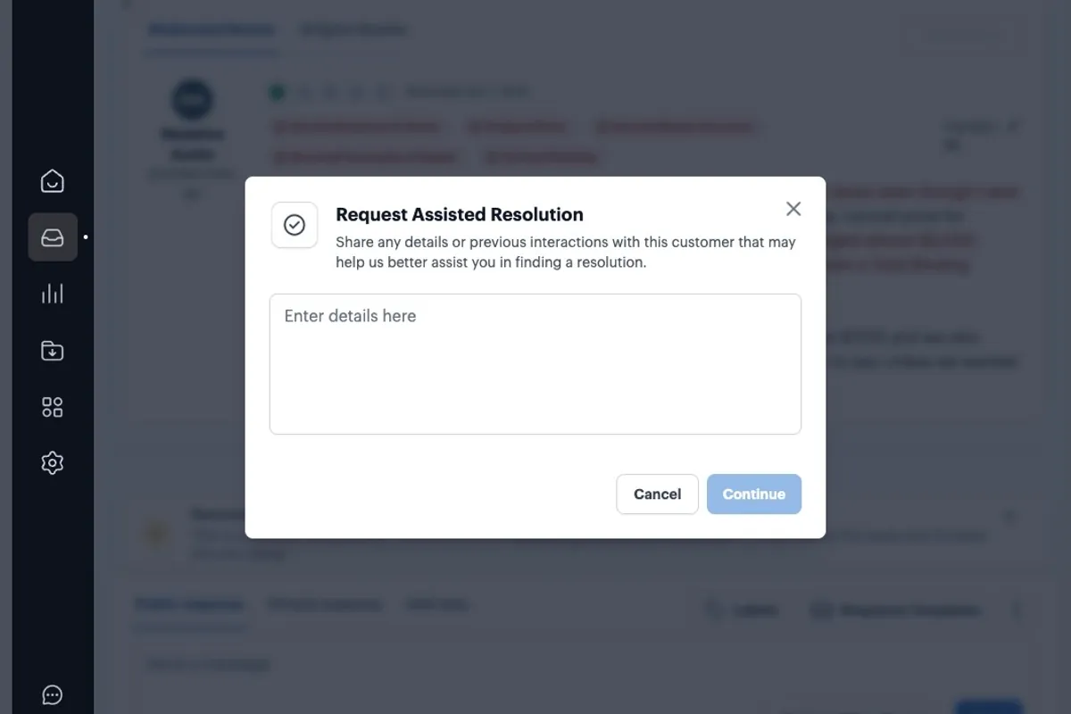 The Request Assisted Resolution dialog with an empty details field
