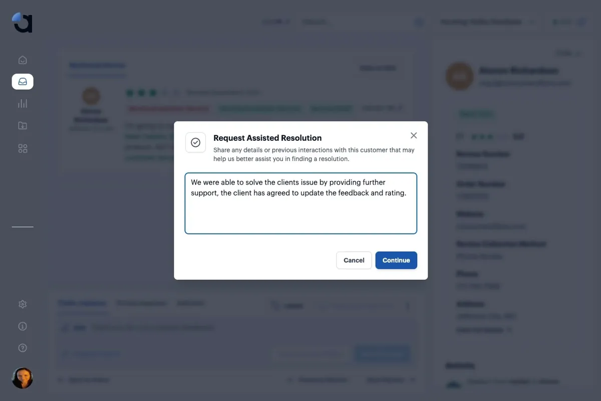 The details field filled in with a description of the resolution, with the Continue button enabled