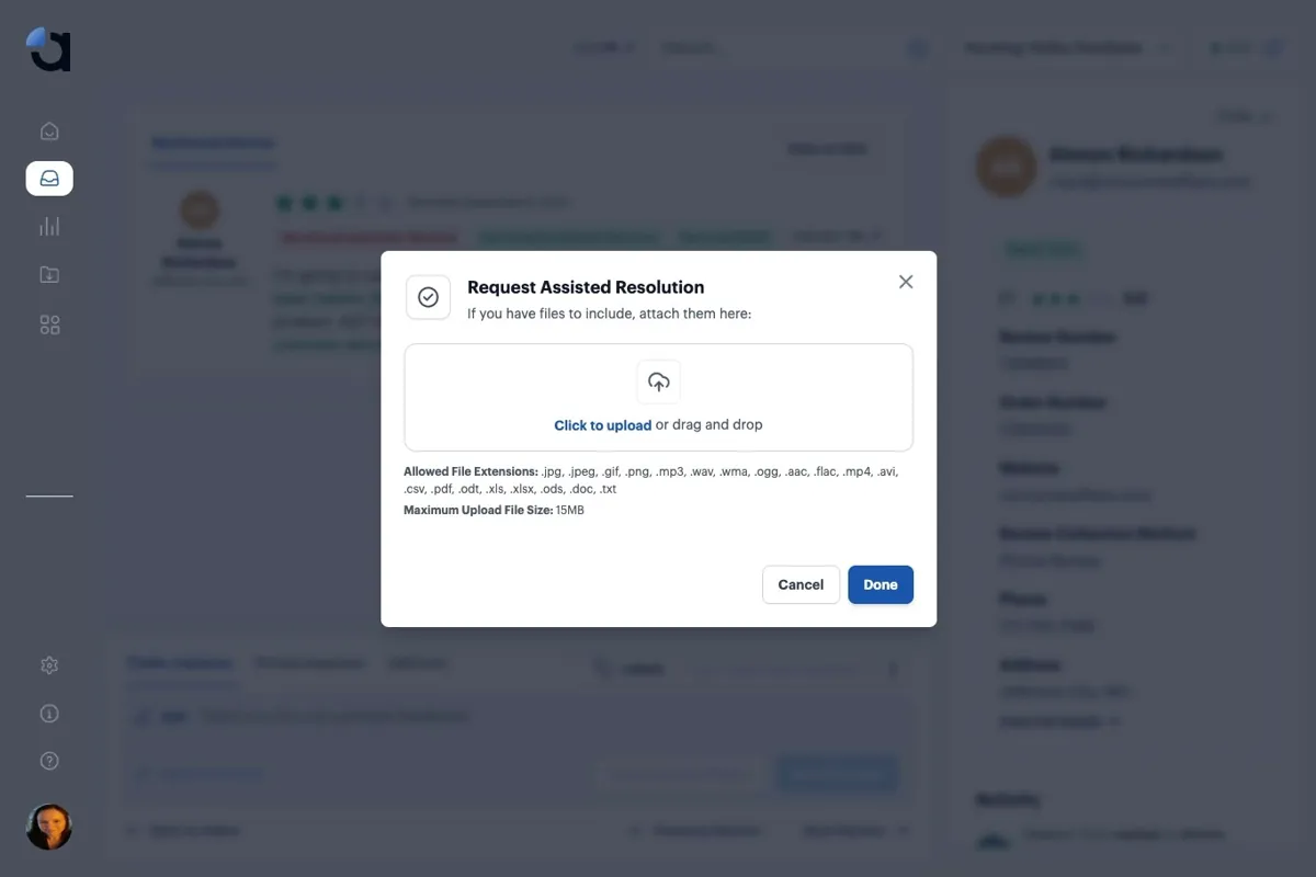 The file upload step of the Request Assisted Resolution dialog, with the Done button