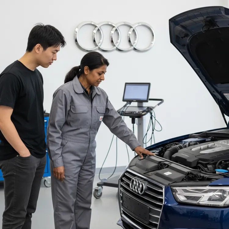 Mechanic showing car engine to customer in a workshop with open hood