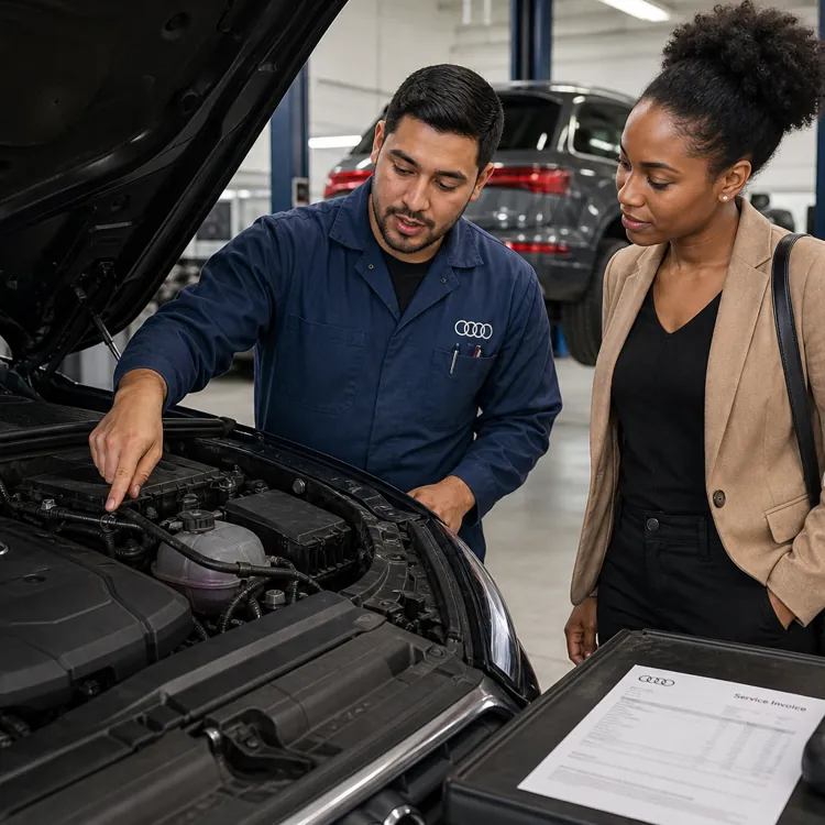 Mechanic showing a car engine to a woman at an Audi service center with a service invoice nearby