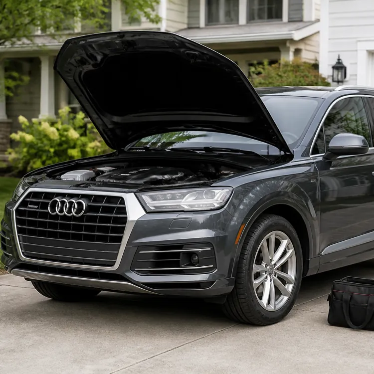 Gray SUV with hood open parked on a driveway next to a black tool bag in front of a house