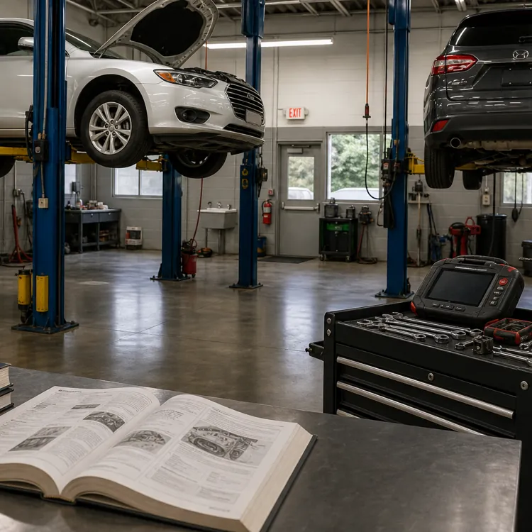 Two cars on lifts in a clean auto repair shop with tools and manuals on a workbench