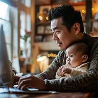 adult male working at a computer with a baby on his lap