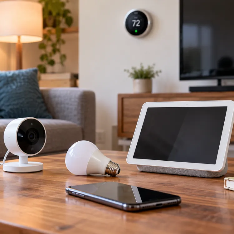 Smart speaker, security camera, smart bulb, tablet, and smartphone on a wooden coffee table in a living room