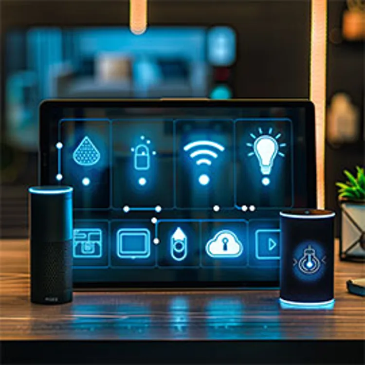 a tablet and a voice assistant device