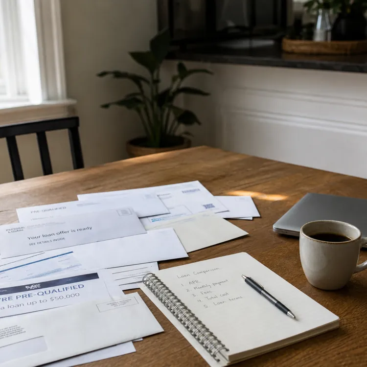 Loan offer letters, a notebook, pen, coffee cup, and laptop on a wooden kitchen table
