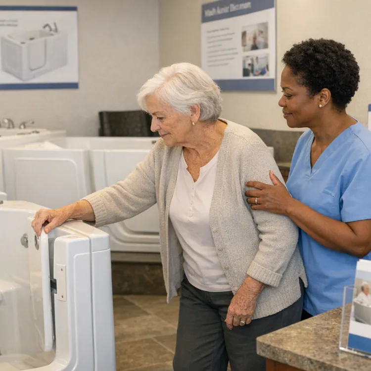 A caregiver helps a senior woman explore walk in bathtub options for safer bathing.
