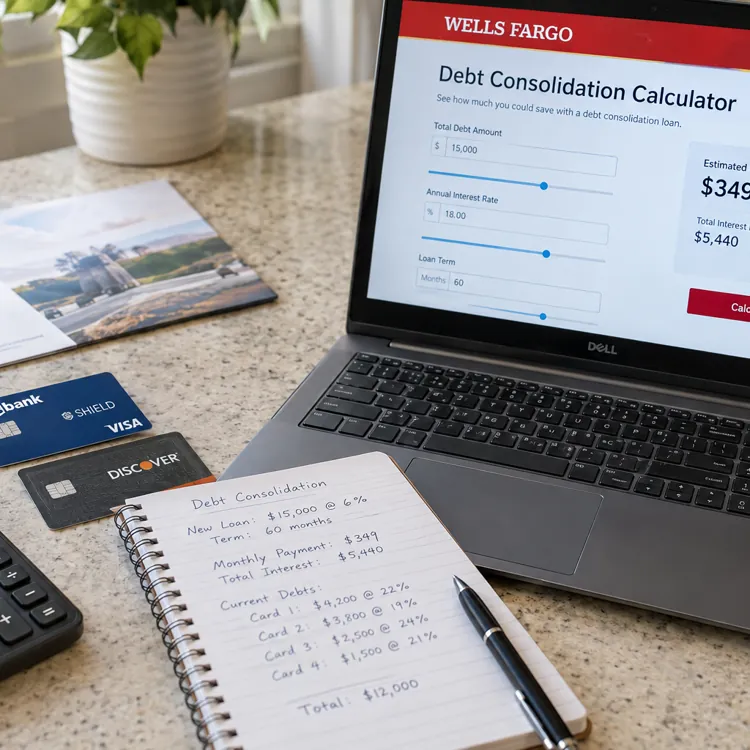 Laptop displaying a debt consolidation calculator, credit cards, calculator, and notebook on a countertop