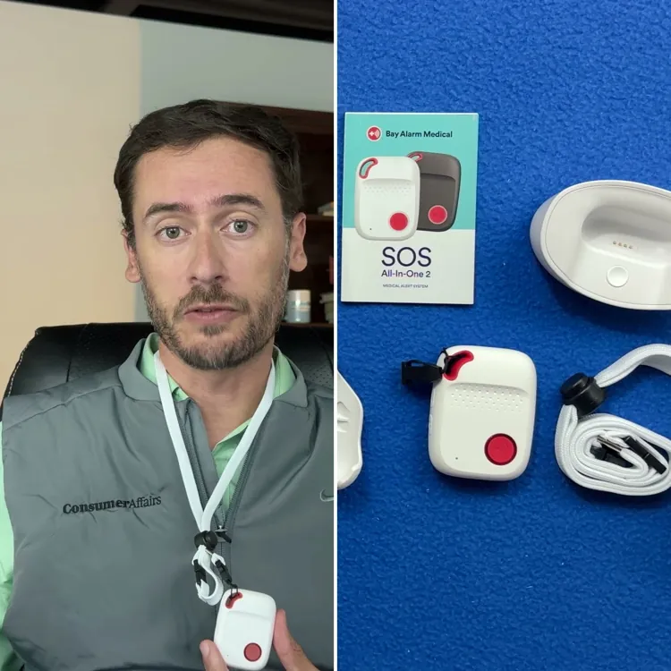 Chris Kolmar wearing the Bay Alarm Medical SOS All-in-One 2 pendant beside the system laid out: pendant, lanyard, charging cradle, belt clip, charging cable, wall plug and quick-start guide