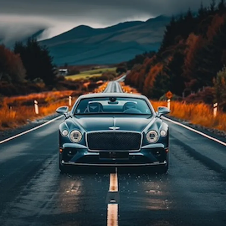 a Bentley in the middle of a field-lined highway
