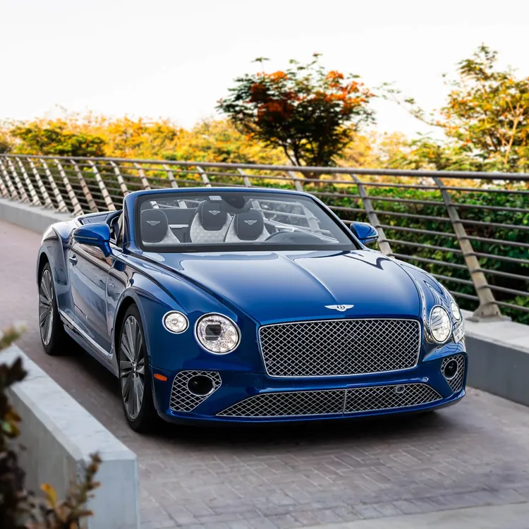 Blue convertible luxury car parked on a paved bridge with greenery in the background