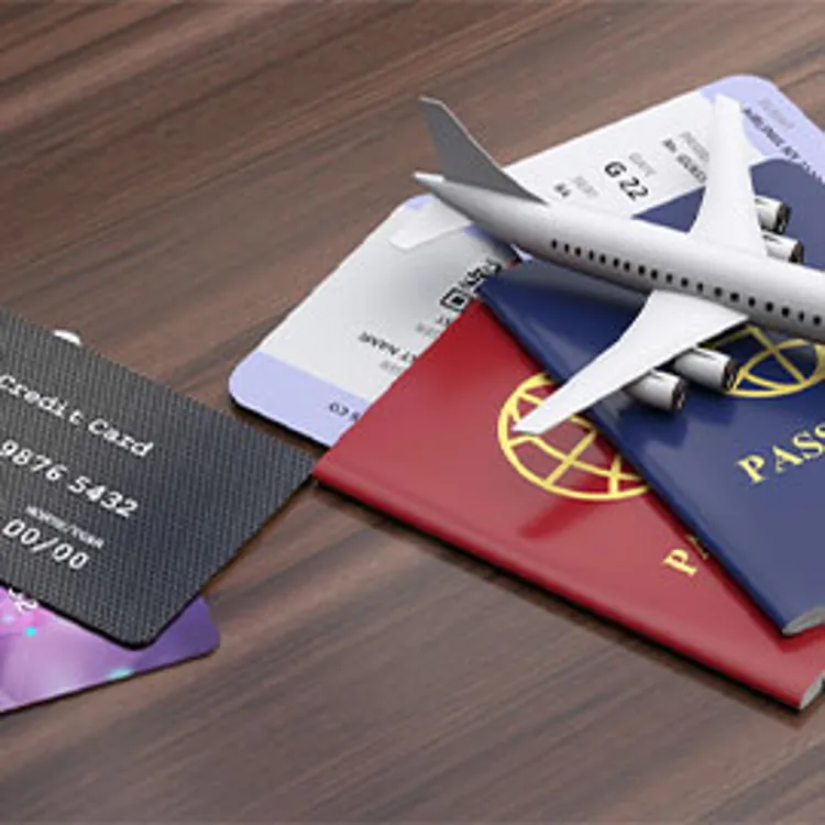 credit cards and passports and airline tickets on a table with airplane model